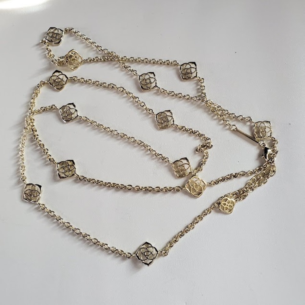 Kendra Scott Devalyn Long Necklace Gold Tone Filigree Logo Designer Gift for Her